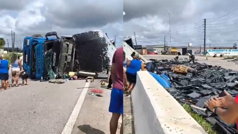 Carreta-tomba-na-BR-101-em-Santa-Rita-bloqueia-parte-da-via-e-carga-se-espalha-pela-rodovia