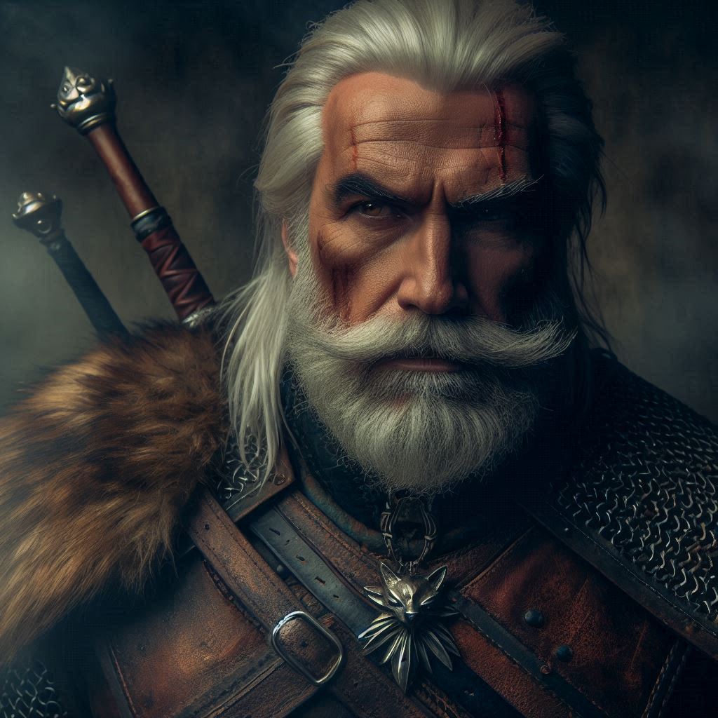 an older version of a warrior similar to Geralt de Rivia from The Witcher game
