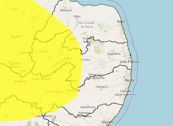 Mapa de alerta de baixa umidade do Inmet na Paraíba